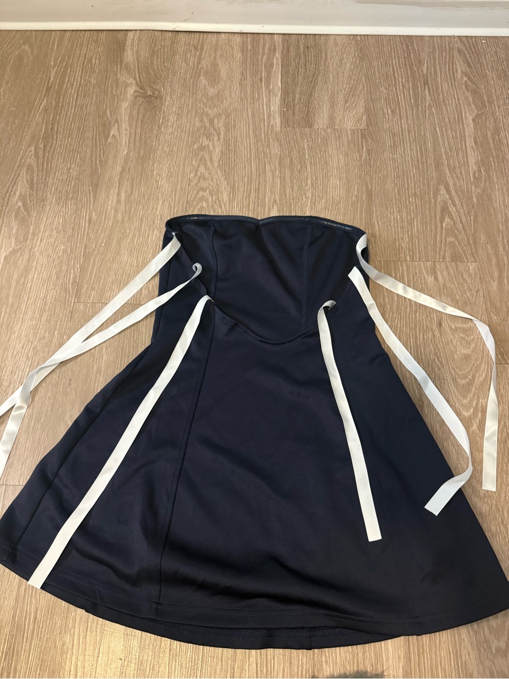 SHEIN Navy Strapless A-Line Dress with White Ribbon Ties